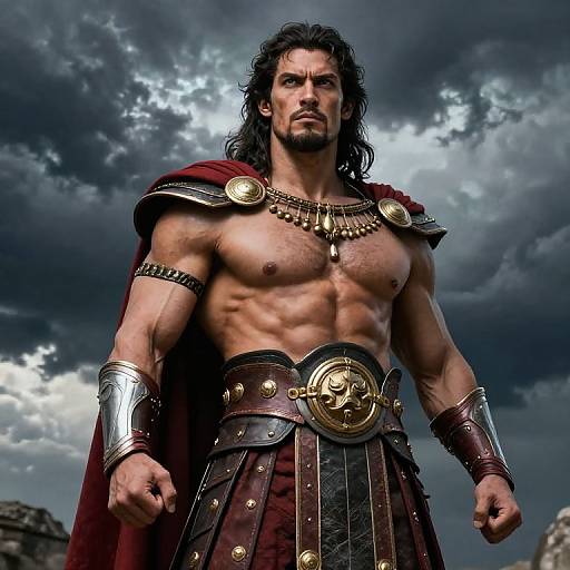 Photorealistic CGI of a muscular, dark-haired warrior with a stern expression, wearing gold armor, red cape, and leather skirt, against a dramatic