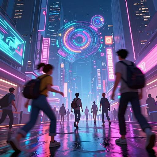 Digital artwork of a neon-lit, futuristic city street at night, with blurred pedestrians, glowing circular holograms, and vibrant pink, blue, and