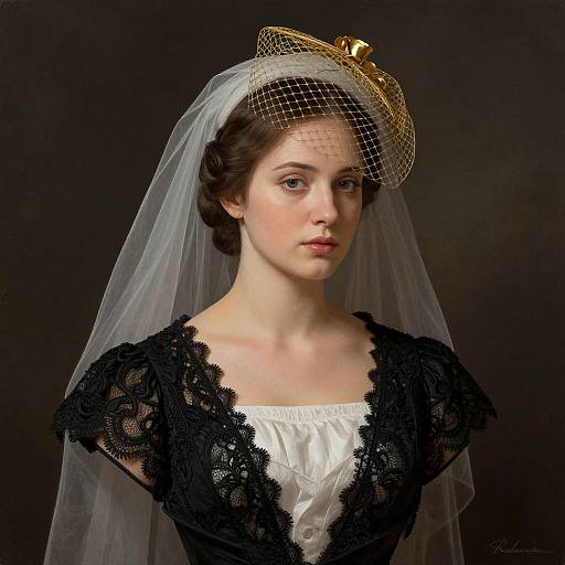 Photograph of a pale-skinned, brown-haired woman in a black lace dress with a white blouse, wearing a gold-trimmed, netted