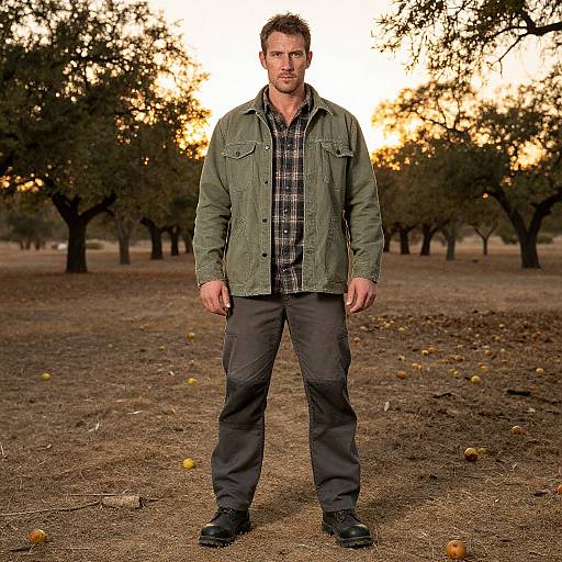 Photograph of a muscular man with short brown hair, wearing an olive green jacket, plaid shirt, and dark pants, standing in an orchard