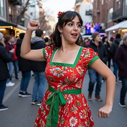 Photograph of a joyful woman with dark hair, wearing a red floral dress with green trim, dancing in a bustling urban street at dusk. Background: