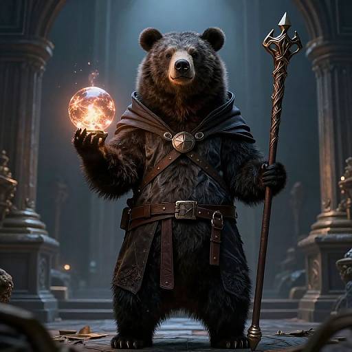 CGI fantasy image of a bear in dark wizard robes, holding a glowing orb and a twisted staff, standing in a dimly lit, grand stone