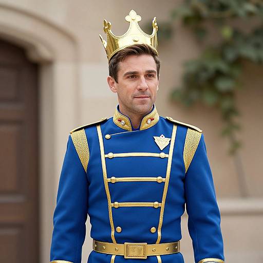 Photograph of a man in a royal blue military uniform with gold trim and a gold crown, standing outdoors against a blurred stone wall and door.