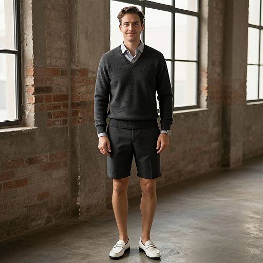 Photograph of a young man with short brown hair, wearing a dark gray sweater, black shorts, white shirt, and white sneakers, standing in a