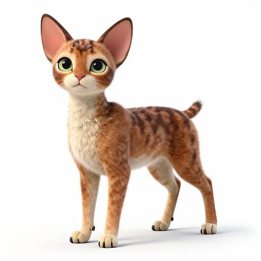 CGI image of a cute, wide-eyed, brown and orange tabby kitten with large ears and white chest, standing on a white background.