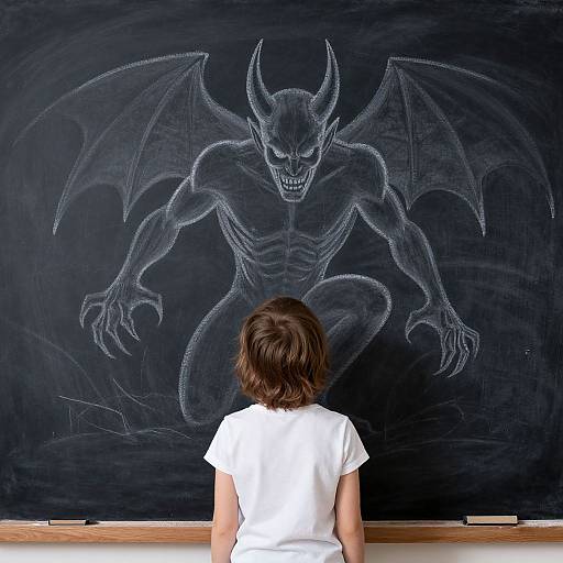 Photograph of a child in a white shirt, facing a chalkboard drawing of a menacing, muscular, winged demon with sharp teeth.