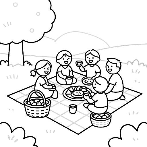 Cheerful Picnic Scene Line Drawing