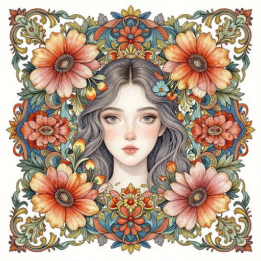 Digital illustration of a pale-skinned woman with wavy gray hair, surrounded by vibrant orange and red flowers, green leaves, and intricate patterns, creating