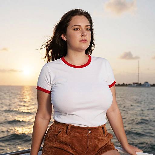 Photograph of a young woman with light skin, dark hair, wearing a white shirt with red trim and brown corduroy shorts, standing on a