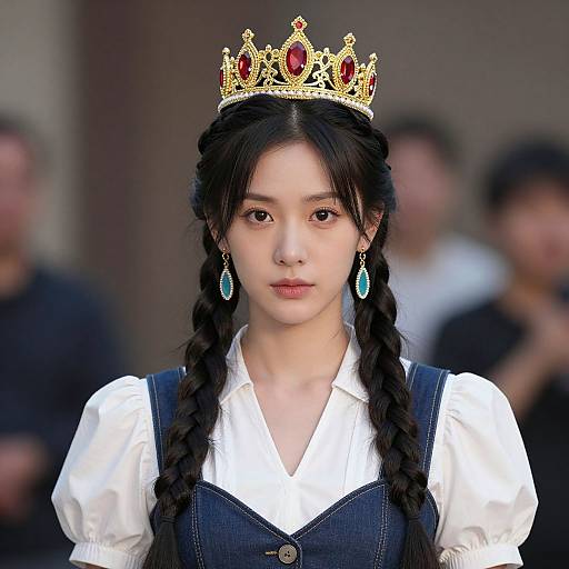 Photograph of an East Asian woman with braided black hair, wearing a golden crown with red jewels, white blouse, and blue dress, with green