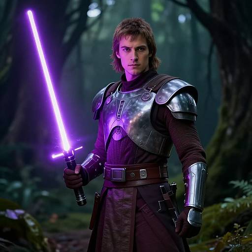 Photorealistic digital art of a young man with shoulder-length brown hair, wearing metallic armor and holding a glowing purple lightsaber in a dark, mist