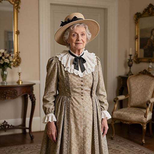 Photograph of an elderly white woman with short gray hair, wearing a Victorian-style beige dress with white lace collar and black ribbon, and a wide-br
