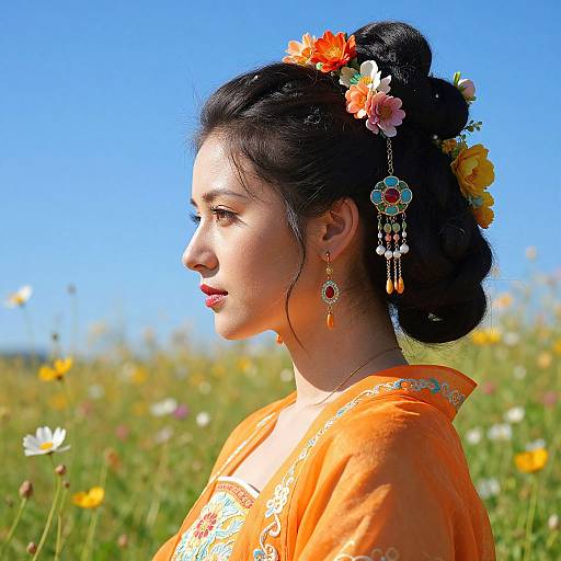 Photograph of an Asian woman with dark hair in a bun, adorned with flowers and intricate jewelry, wearing an orange embroidered top, standing in a sunny