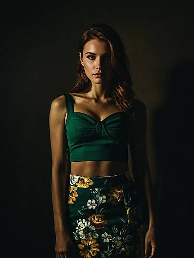 Woman in Floral Print Crop Top and Skirt