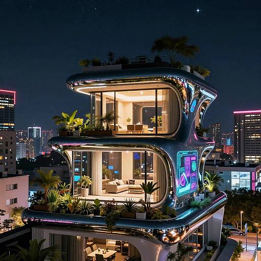 Neon-lit, futuristic two-story skyscraper with glass walls, rooftop garden, and vibrant cityscape at night; illuminated signs and plants accentuate