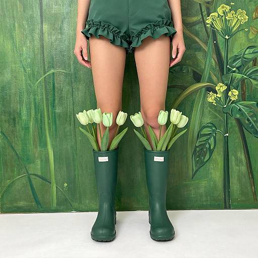 Photograph of a woman's legs wearing black rubber boots with white tulips, green frilled skirt, standing against a green floral painting.