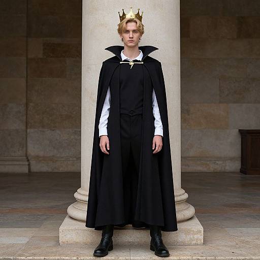 Photograph of a young blond man with a golden crown, black cape, white shirt, and black boots, standing in front of a stone column in
