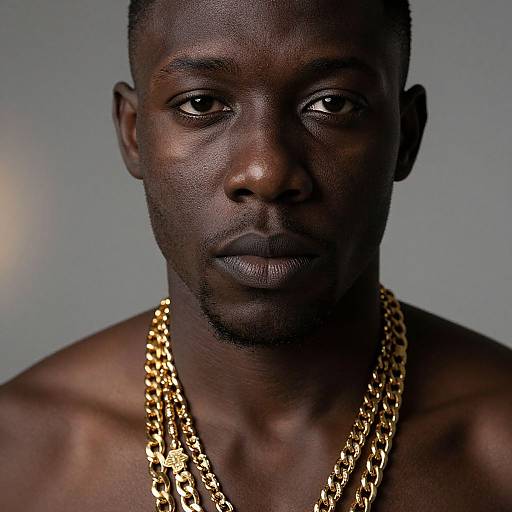 Photograph of a muscular, dark-skinned African-American man with short hair, wearing multiple gold chains, against a plain gray background.