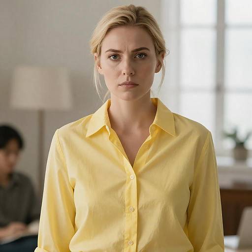 Serious Blonde Woman in Yellow Shirt Indoors