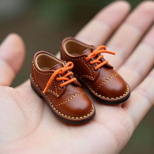 Photograph of tiny brown leather baby shoes with orange laces, held in a slightly open, outstretched adult hand.