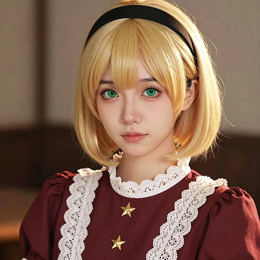 Photorealistic CGI of a young woman with short blonde hair, green eyes, wearing a maroon dress with white lace trim and gold stars, black