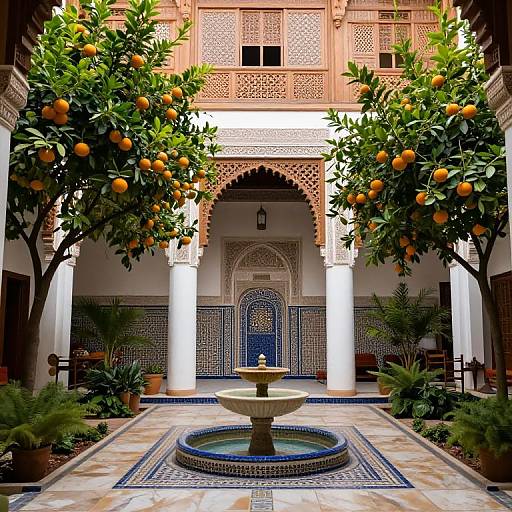 Moroccan Riad Courtyard with Orange Trees and Fountain