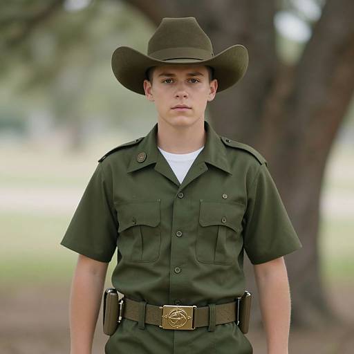 Photograph of a serious young man in a green ranger uniform, white shirt, brown hat, and belt with badge, standing outdoors.