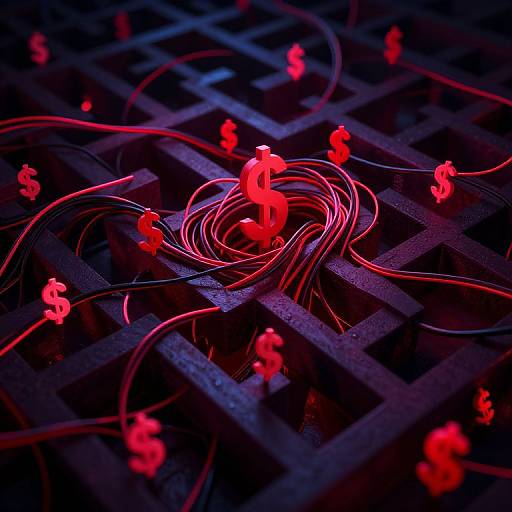 Digital artwork: Red dollar signs and glowing red wires spiral over a dark, grid-patterned background, creating a chaotic financial theme.