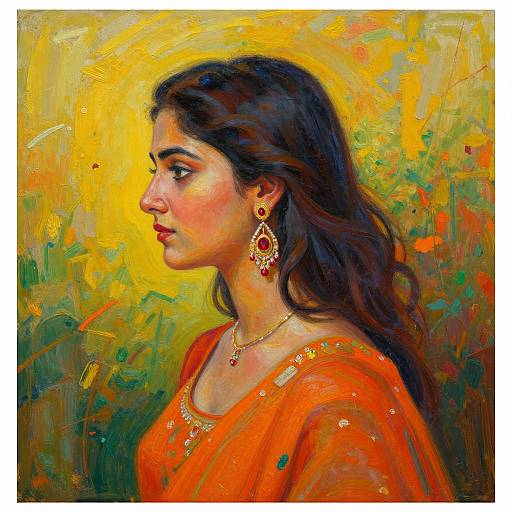 Vibrant oil painting of a South Asian woman in profile, wearing an orange sari, gold jewelry, and red earrings, against a yellow and