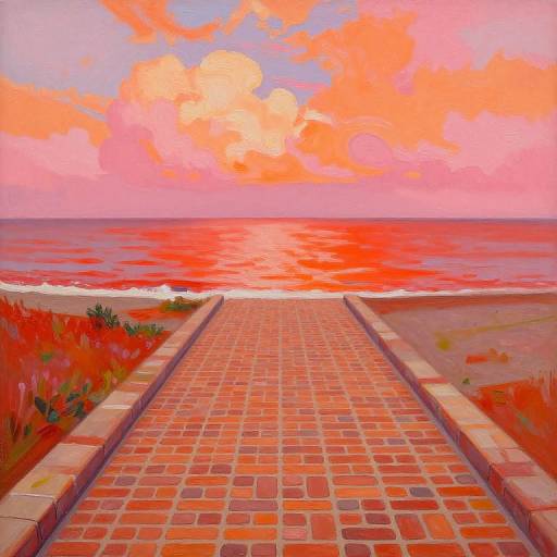 Bright, vibrant painting of a brick path leading to a red-orange ocean under a pink and orange cloudy sky.