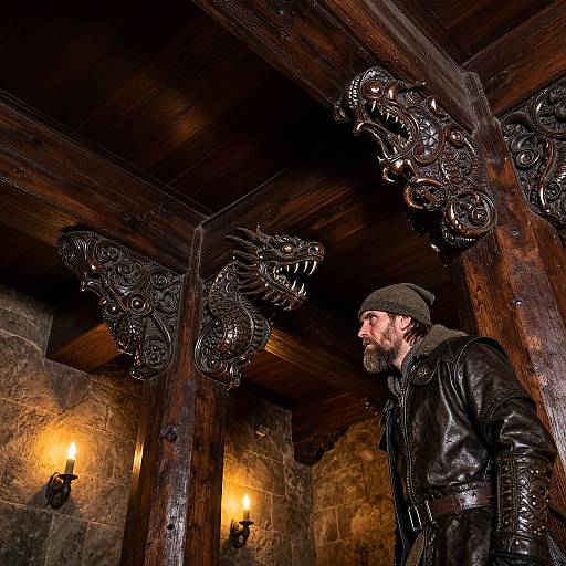 Photograph of a bearded man in black leather jacket and beanie, gazing upward in a dimly lit, medieval-style wooden ceiling room with