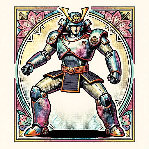 Colorful digital illustration of a robotic samurai in a dynamic stance, adorned with armor and a helmet, framed by floral designs.