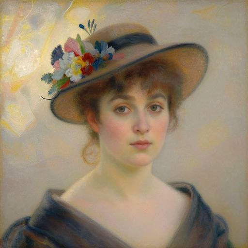 Realistic oil painting of a young woman with fair skin, brown hair, and brown eyes, wearing a brown hat adorned with colorful flowers, and a