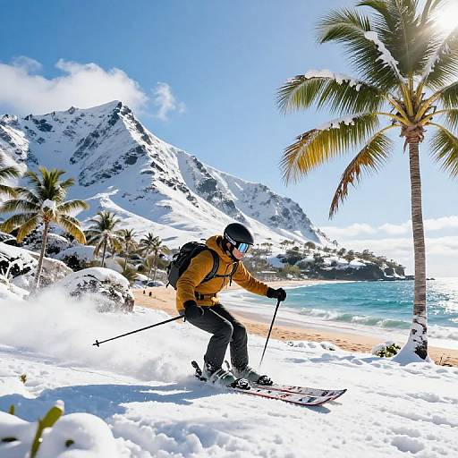 Photograph: Skier in yellow jacket and black pants, wearing goggles and helmet, skiing on a snowy beach with palm trees, turquoise ocean, and