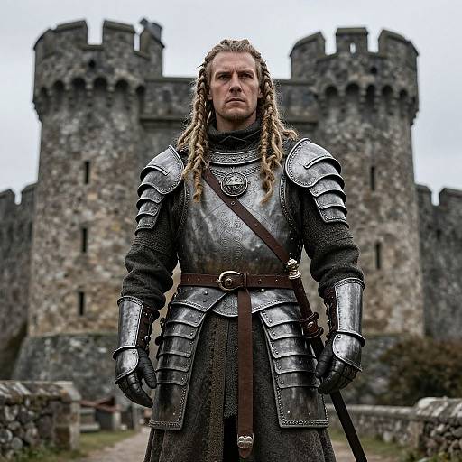 Photograph of a serious, blond, dreadlocked man in medieval armor standing in front of a stone castle with tall, crenellated towers.