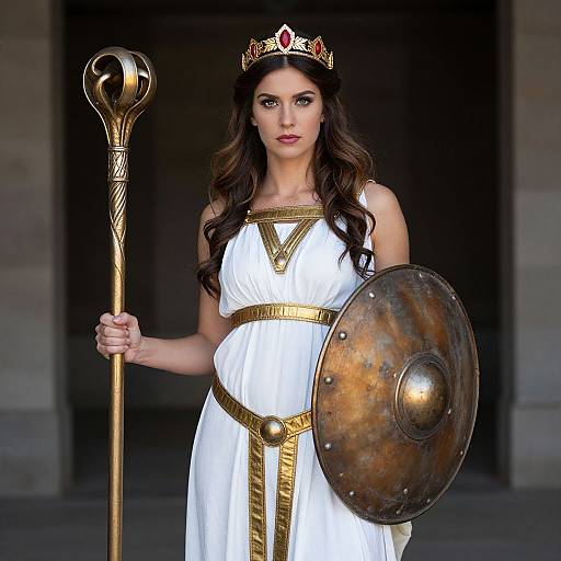 Photograph of a dark-haired woman in ancient Greek-inspired white dress, gold accents, crown, holding staff and bronze shield, standing in dark doorway.