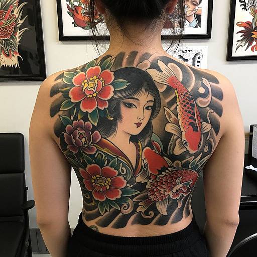Photograph of a tattooed Asian woman with black hair, back facing camera, featuring vibrant traditional Japanese-style tattoos of flowers, koi fish, and