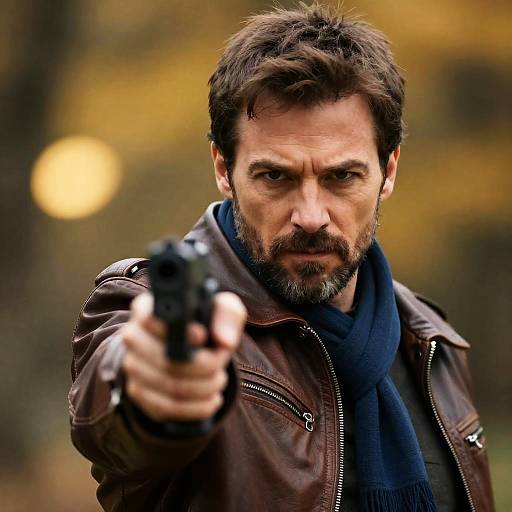 Intense Man Pointing Gun Outdoors