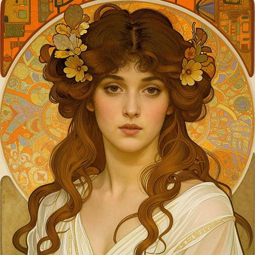 Artistic digital portrait of a young woman with long, wavy brown hair, adorned with flowers, wearing a white robe, set against an ornate