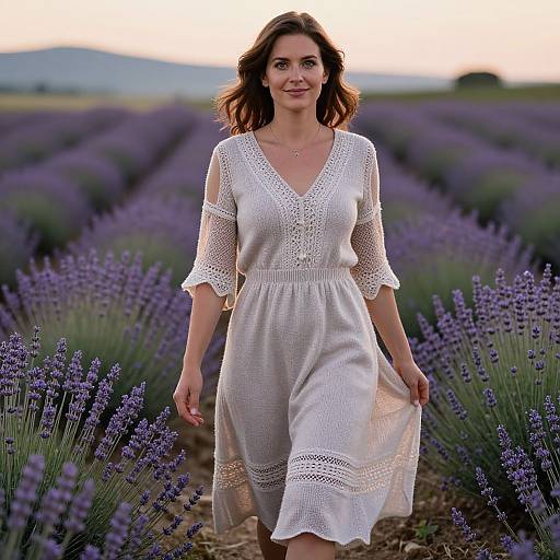 Photograph of a smiling Caucasian woman with wavy brown hair, wearing a white lace dress, walking through a lavender field at sunset.