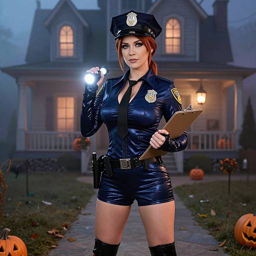 Photograph-style digital art of a sexy, red-haired woman in a tight, black, shiny police uniform holding a flashlight and clipboard, standing on a