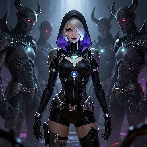 Digital artwork of a white-haired woman with purple hood, black leather bodysuit, and glowing blue accents, surrounded by menacing, horned, red
