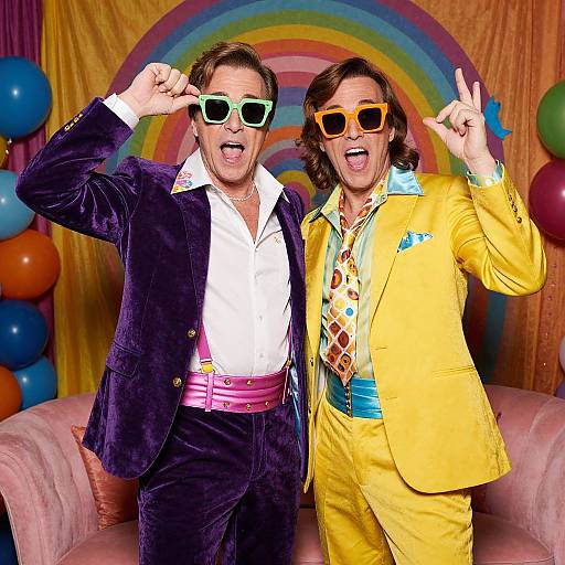 Photograph of two retro-dressed men in colorful suits, sunglasses, and peace signs, standing in front of a rainbow backdrop with balloons.