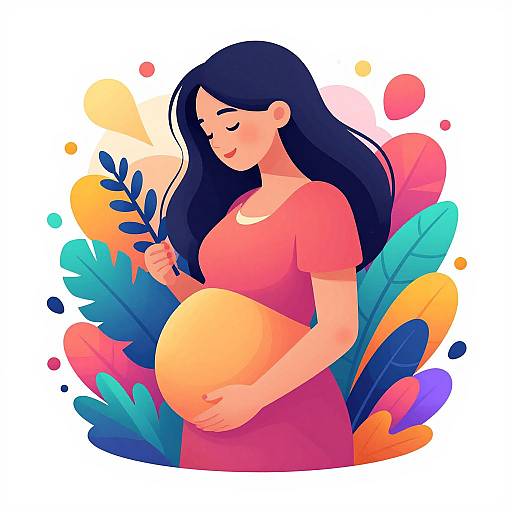 Digital illustration of a pregnant woman with long black hair, wearing a pink dress, holding blue leaves, surrounded by colorful abstract shapes.