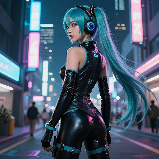 Digital art of a teal-haired anime girl in a black latex suit, headphones, and thigh straps, standing in a neon-lit urban night street.