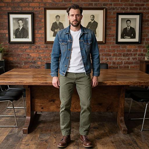 Photograph of a bearded man in a denim jacket, white tee, olive pants, and brown shoes standing in a rustic office with brick walls,