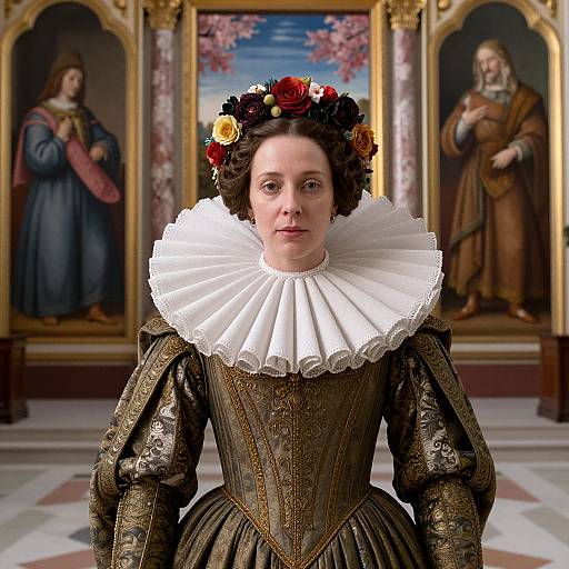 Photographic-style digital artwork of a woman in Renaissance attire with a white ruffled collar, flower crown, and ornate dress, standing in front of