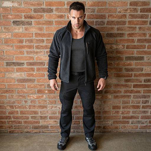 Photograph of a muscular man with short brown hair, wearing a black zip-up jacket, black shirt, pants, and sneakers, standing against a red