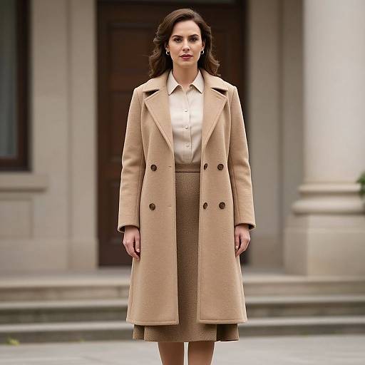 Photograph of a confident woman with wavy brown hair, wearing a beige double-breasted coat, cream blouse, and matching skirt, standing in front