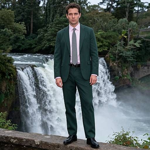 Photograph of a serious, dark-haired man in a green suit and white shirt standing on a stone ledge in front of a powerful waterfall surrounded by lush